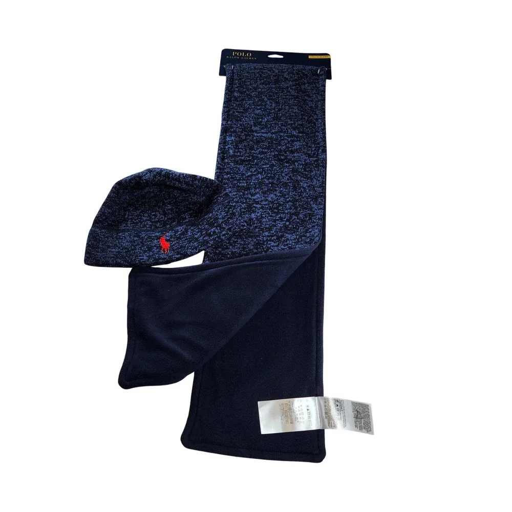 Polo Ralph Lauren Youth Beanie Scarf Set Blue Knit Embroidered Pony Discontinued